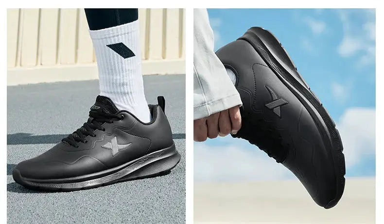 Xtep men's black leather running shoes with waterproof upper and cushioned sole