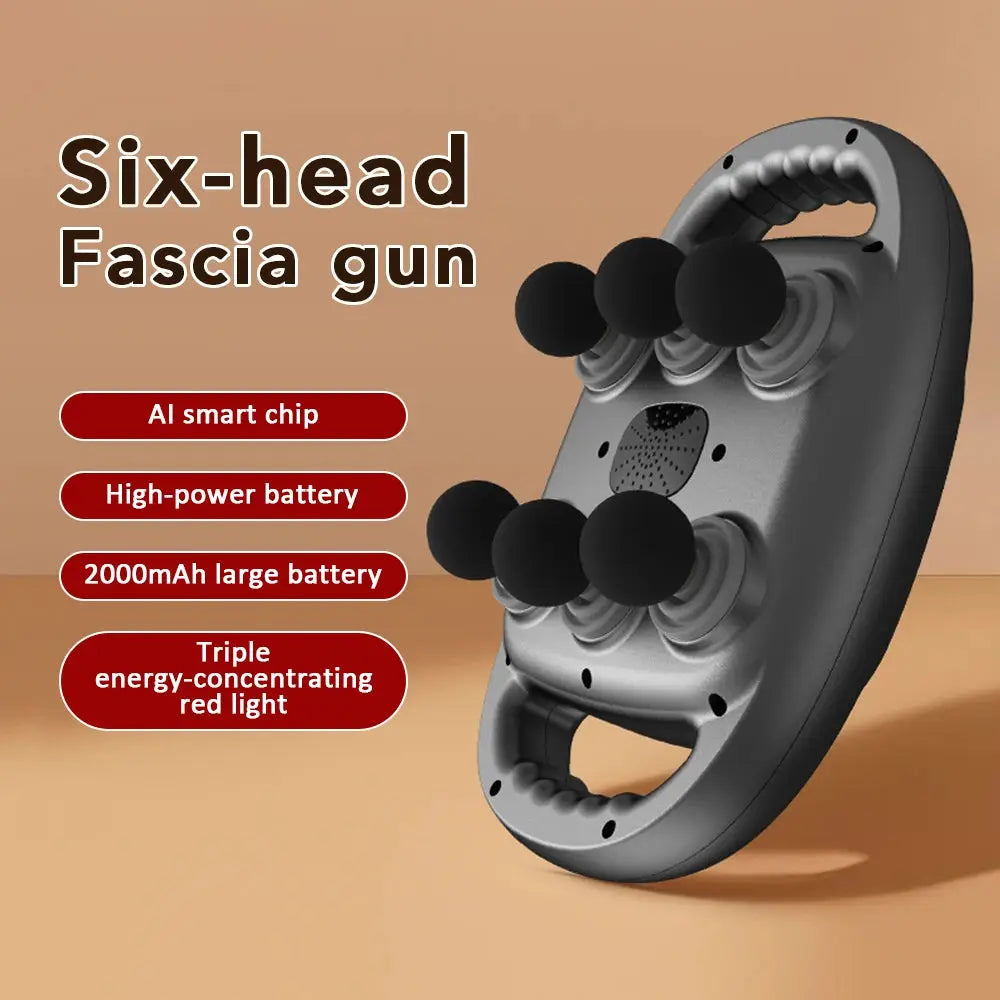 Six-head fascia gun in gray with black massage heads for deep-tissue relief