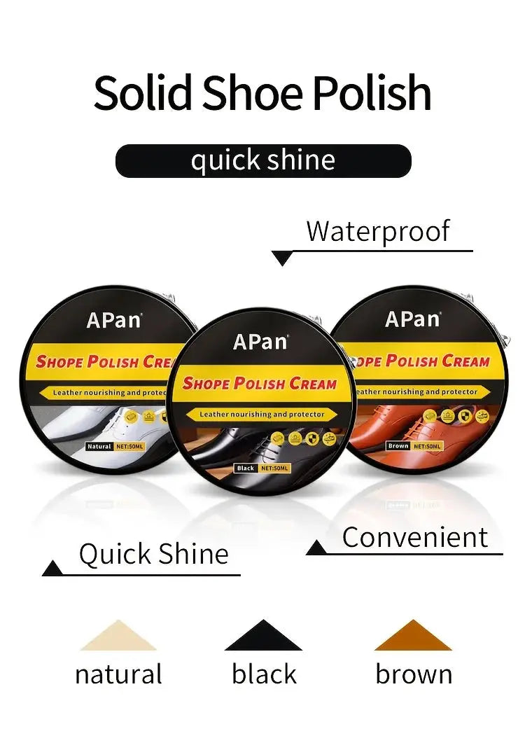 Solid shoe polish kit with 3 APan cream tins in natural, black, brown for leather care.