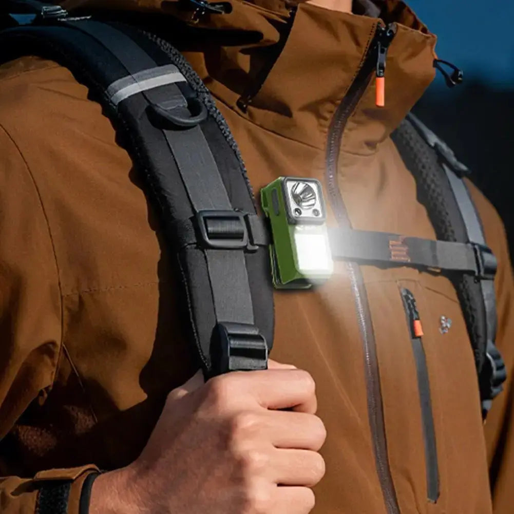 LED magnetic clamp flashlight clipped to a backpack strap; green, rechargeable camping light.