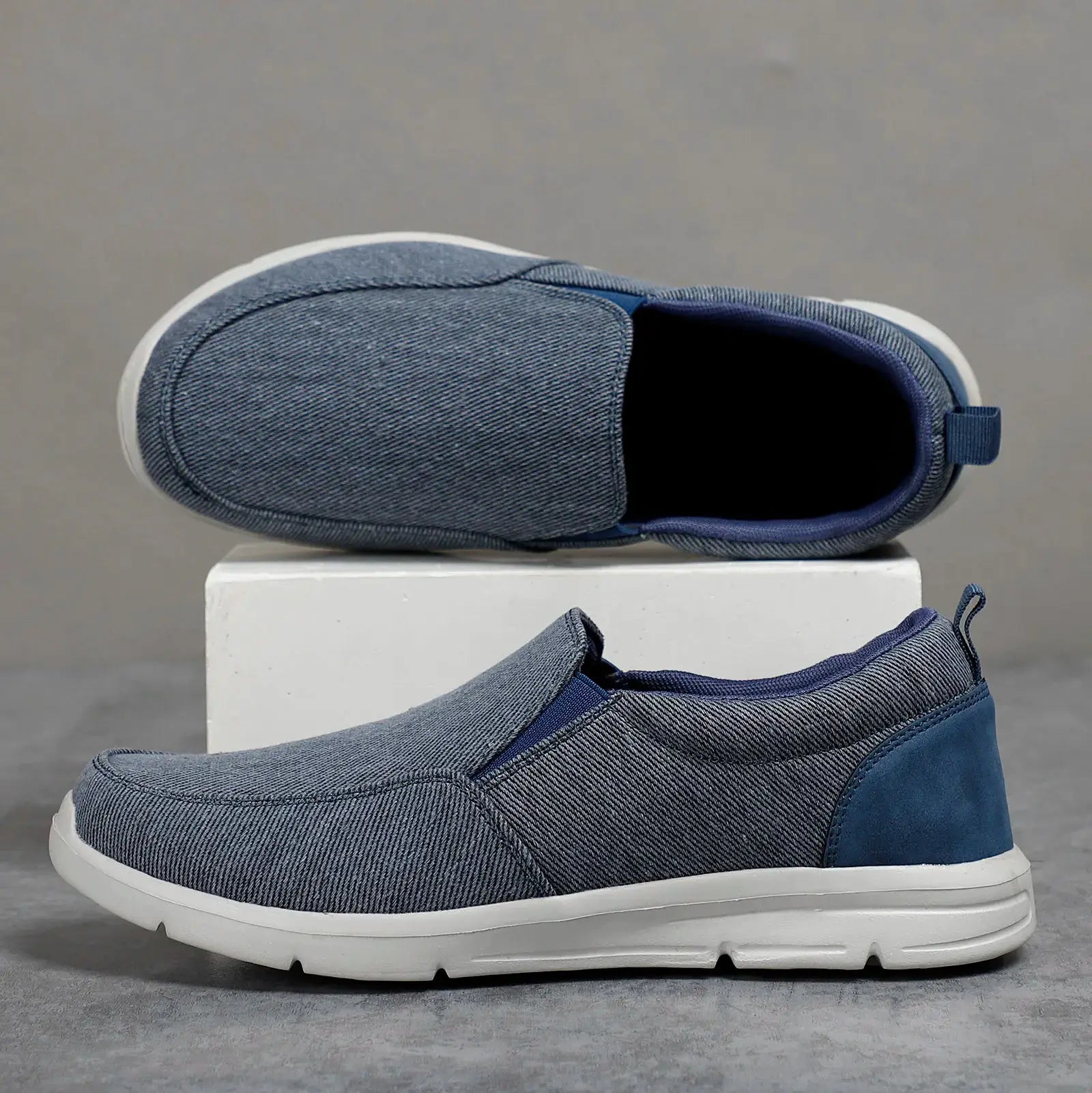 Simples Market men's blue denim canvas slip-on sneakers with white sole