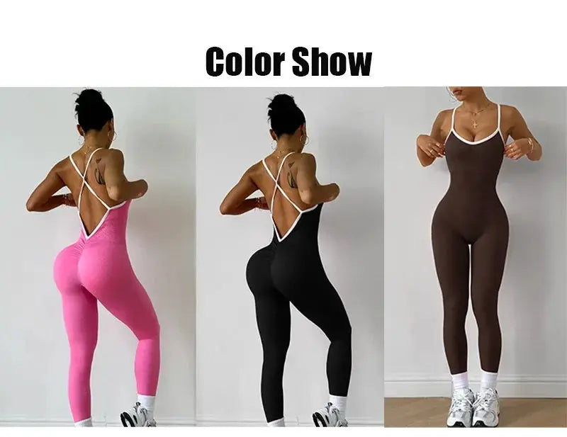 Women seamless ribbed sports jumpsuit in pink, black, and brown; high-elastic yoga bodysuit by Simples Market