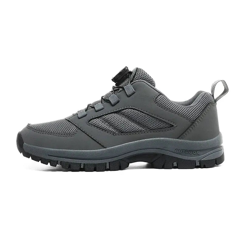 Simples Market men's outdoor hiking shoes with rotating buckle, gray mesh upper, anti-slip outsole