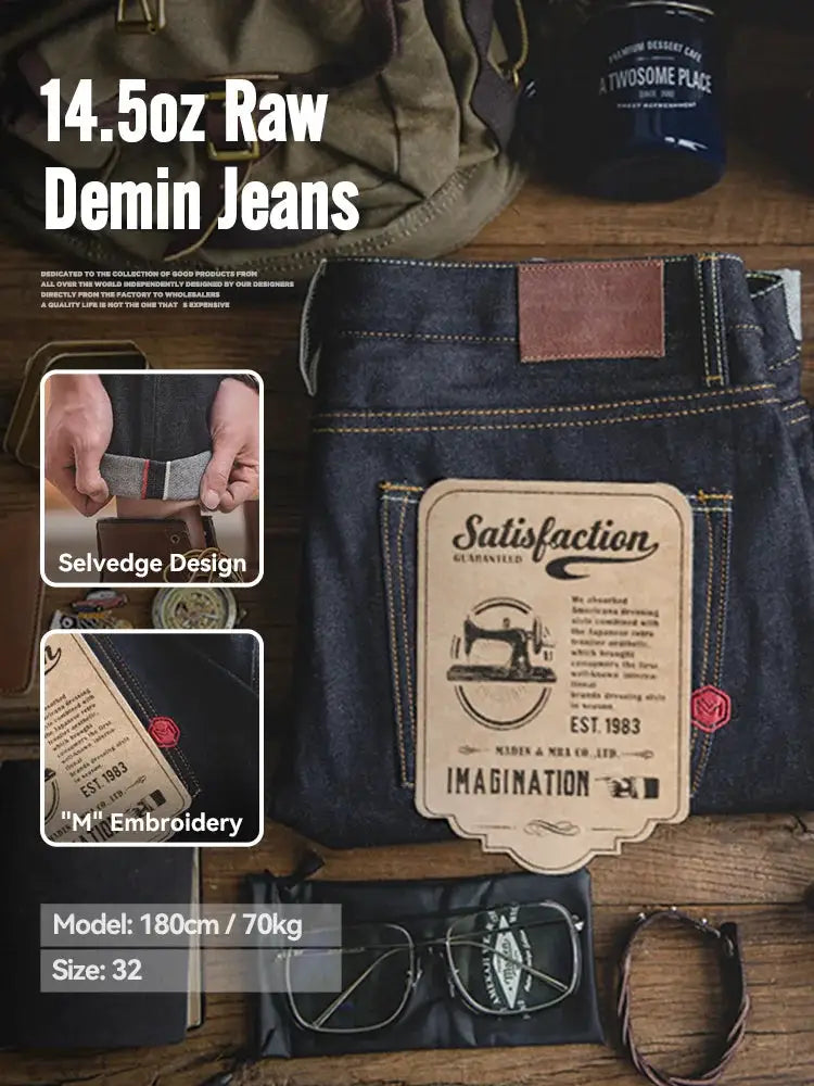 Maden Retro 14.5oz selvedge raw denim jeans with YKK zipper fly; straight cut, dark indigo