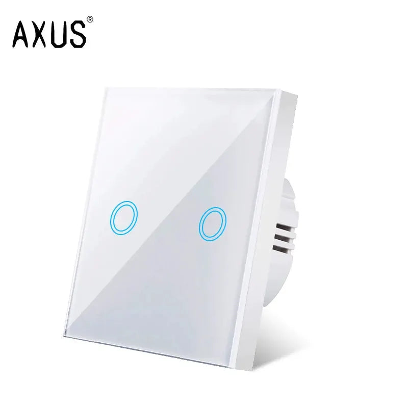 AXUS 2-gang touch switch panel with tempered crystal glass blue LED backlit rings