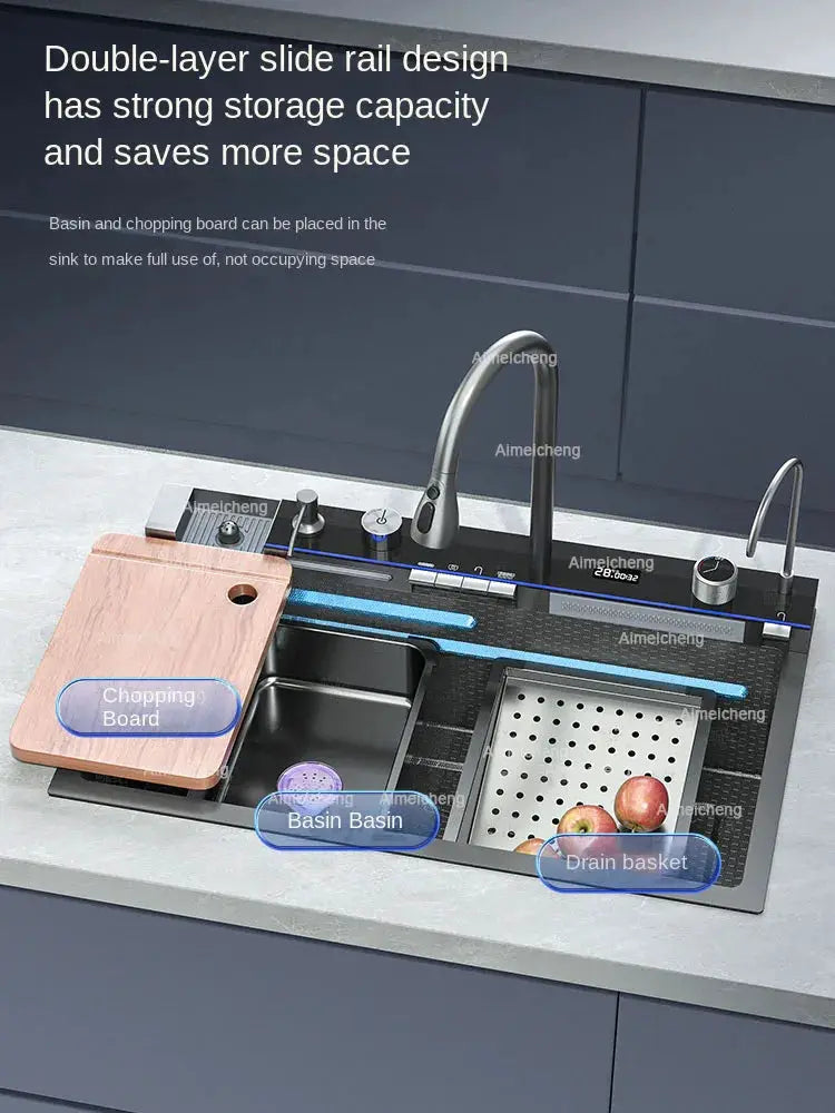 Integrated waterfall kitchen sink with two basins, chopping board, drain basket, stainless steel countertop and digital display