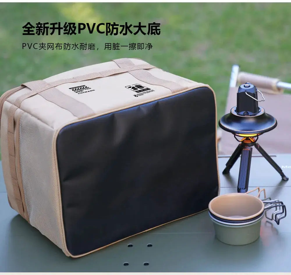 Simples Market insulated waterproof camping bag; tan with black front panel, foldable, large-capacity picnic storage