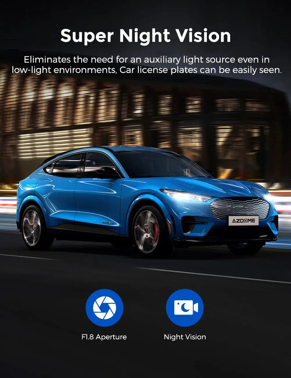 AZDOME M550 Pro dash cam on a blue car at night with night-vision and F1.8 aperture icons
