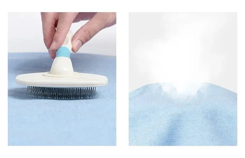 Men's Slim-Fit Oxford Cotton Shirt on light blue fabric; lint brush cleaning and steam care.