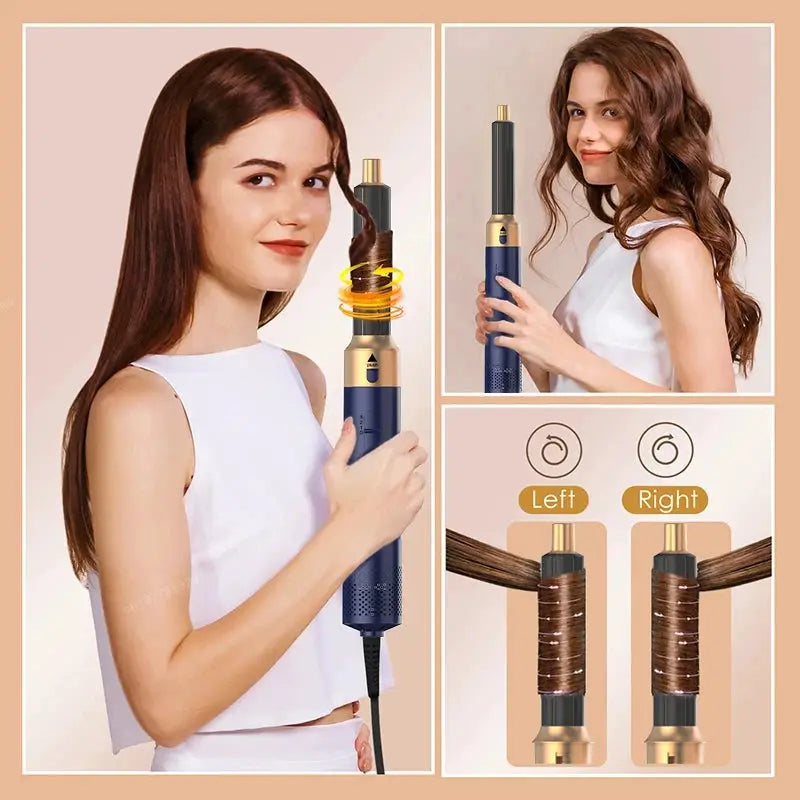 Simples Market 5 in 1 Hair Styler with blue and gold handle; ionic dryer, brush, and straightener