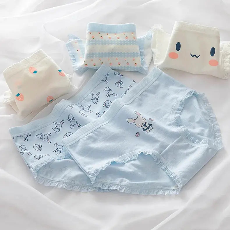 5Pcs cotton women's panties set with light blue cartoon fruit and bunny prints