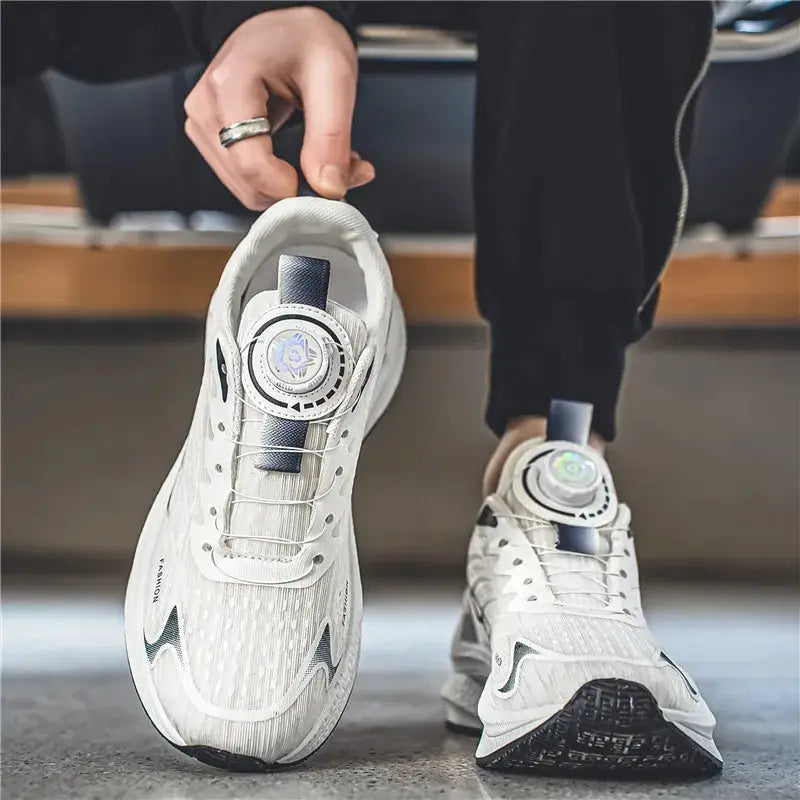 Pair of Simples Market men's summer breathable casual running shoes, white/gray with rotating buckle