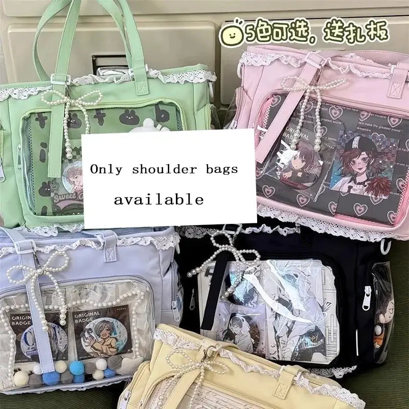Simples Market ballet girl itabag crossbody bags, pastel mint/pink/blue with lace trim and pearl charms (set of 6)