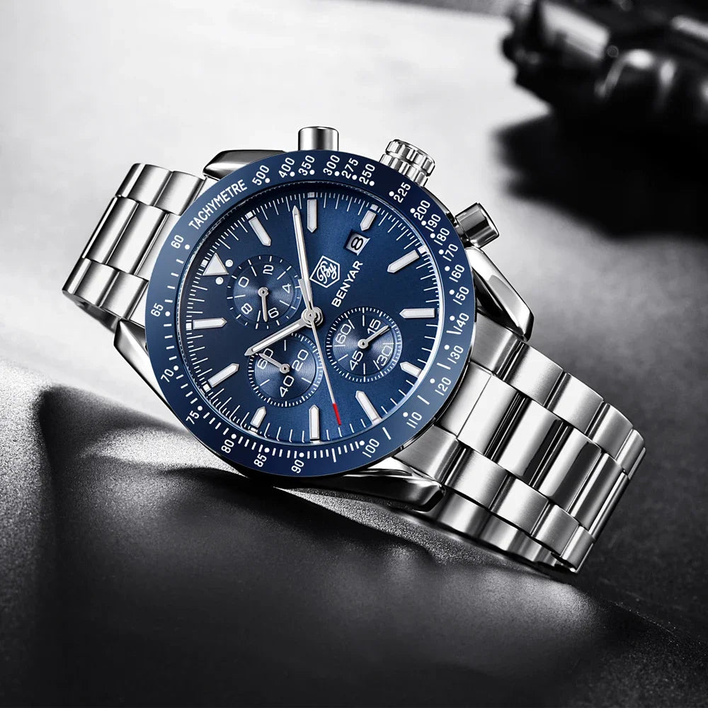 Men's BENYAR stainless steel chronograph watch with blue dial and silver bracelet