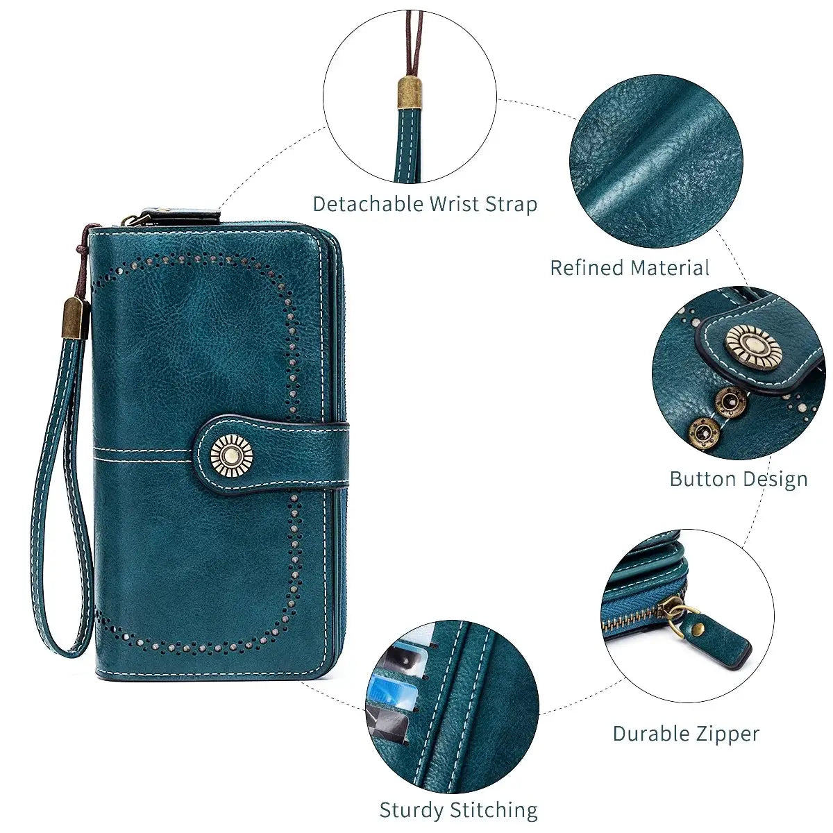 Simples Market RFID anti-theft leather long wallet in teal with detachable wrist strap, card slots and durable zipper
