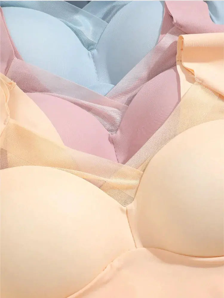 3-pack wireless seamless bras by Simples Market in peach, pink, and blue