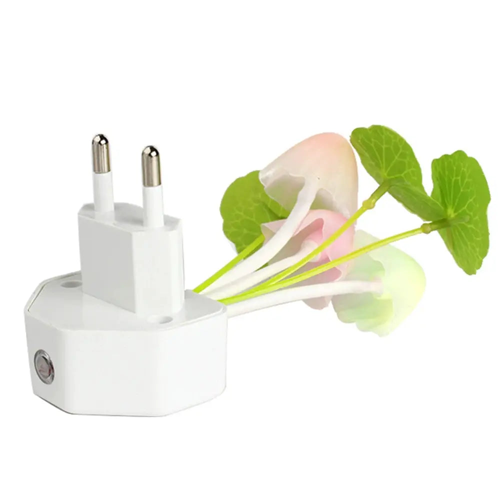 Mushroom night light with European plug; white base and decorative pink and green floral stems.
