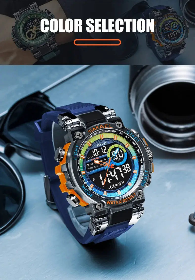 SMAEL 8141 men's digital sport watch with alloy case and blue TPU strap; 50m water resistant