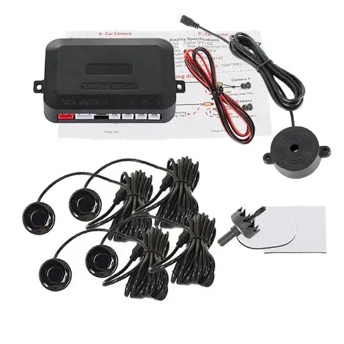 Simples Market 4-sensor car parking sensor kit with black round probes, buzzer, control unit, 12V wiring