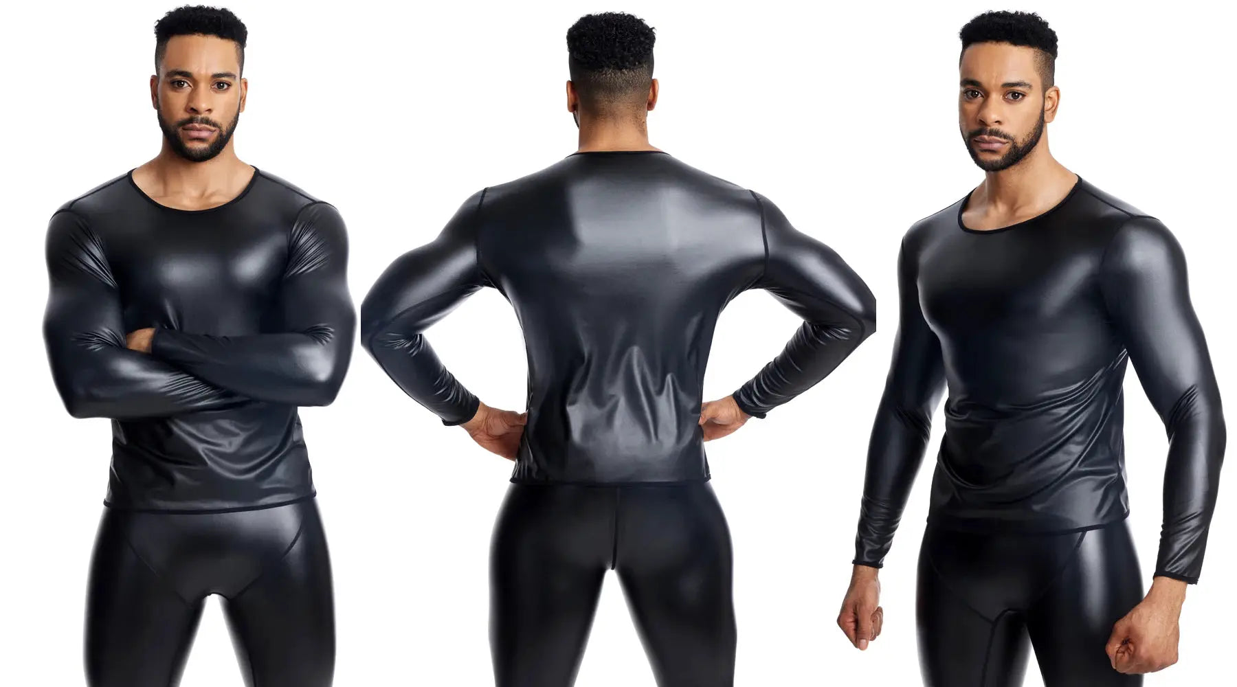 Men's black leather-look long-sleeve shirt; shiny fabric, front, back and side views.
