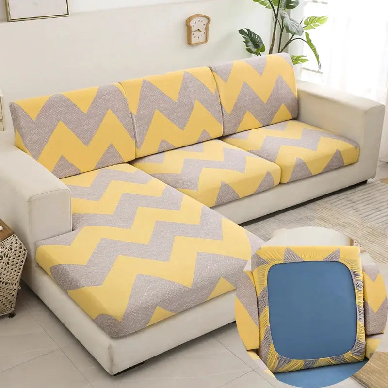 L-shaped sofa stretch slipcover set in yellow and gray chevron for cushions and backrests