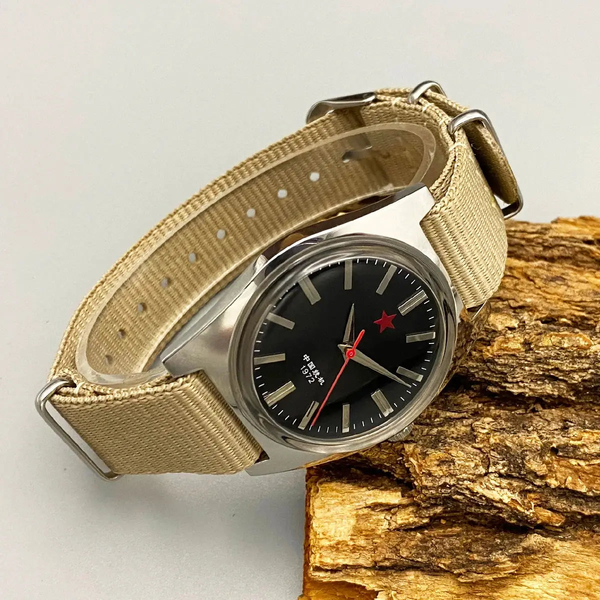 Mens mechanical watch Shanghai 8120 with black dial and red star, beige canvas strap, 36mm stainless steel case