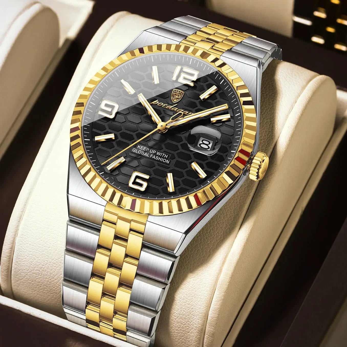 POEDAGAR men's stainless steel watch, two-tone gold and silver bracelet, black dial, luminous hands, date window.
