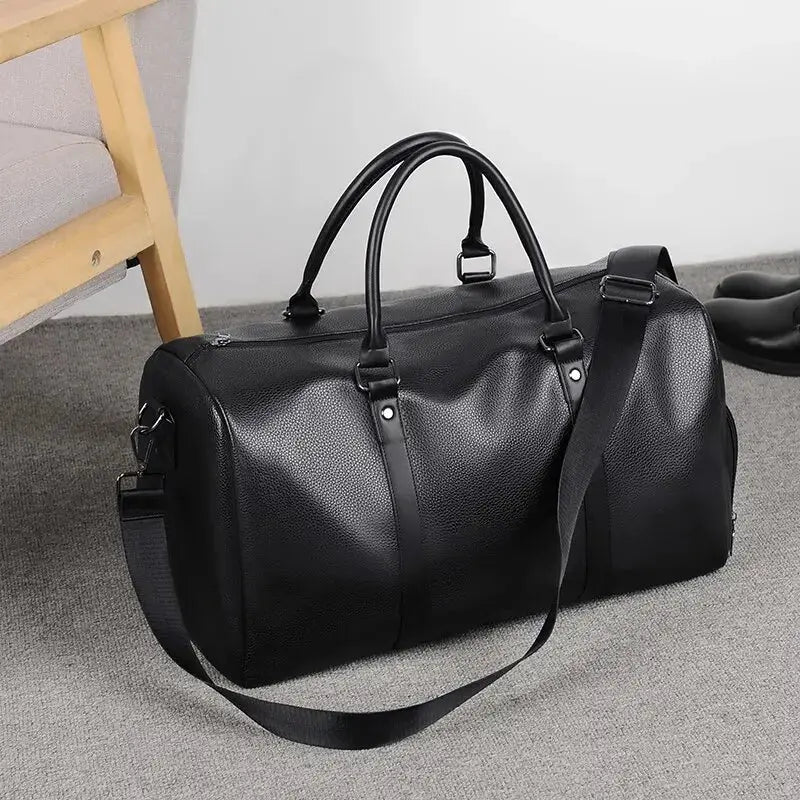 Retro New Short Trip Bag, black PU leather large-capacity duffel with dual top handles and detachable shoulder strap