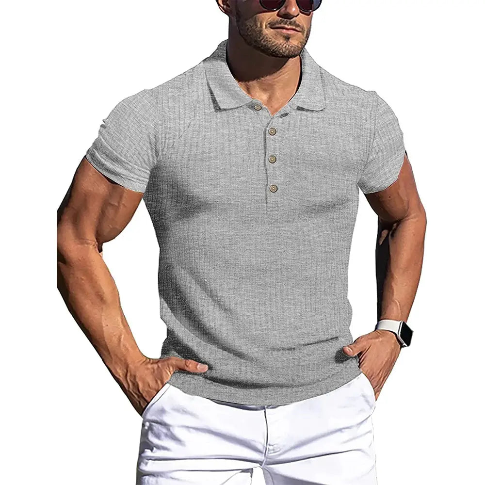 Men's gray stretch polo shirt with short sleeves, stand collar, 3-button placket
