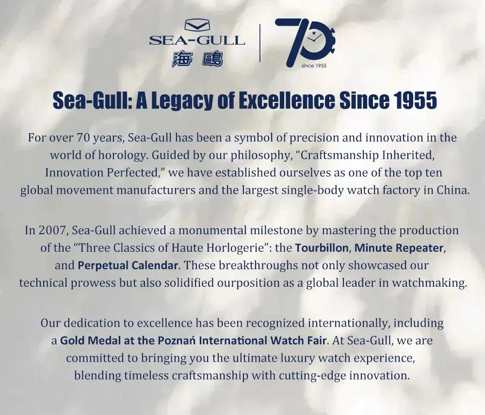 Sea-Gull brand banner with logo and 70th anniversary emblem, featuring Sea-Gull: A Legacy of Excellence Since 1955.