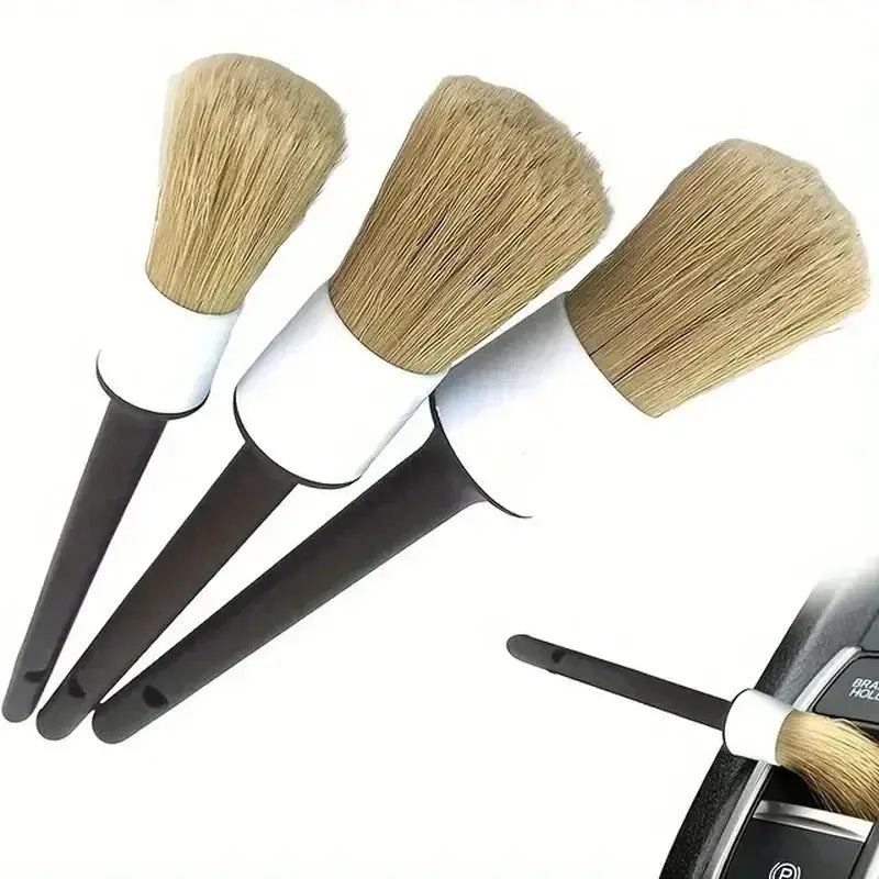 Three Piece Car Exterior And Interior Detail Brush Set With Boar Hair Bristles For Auto Detailing And Dashboard Cleaning