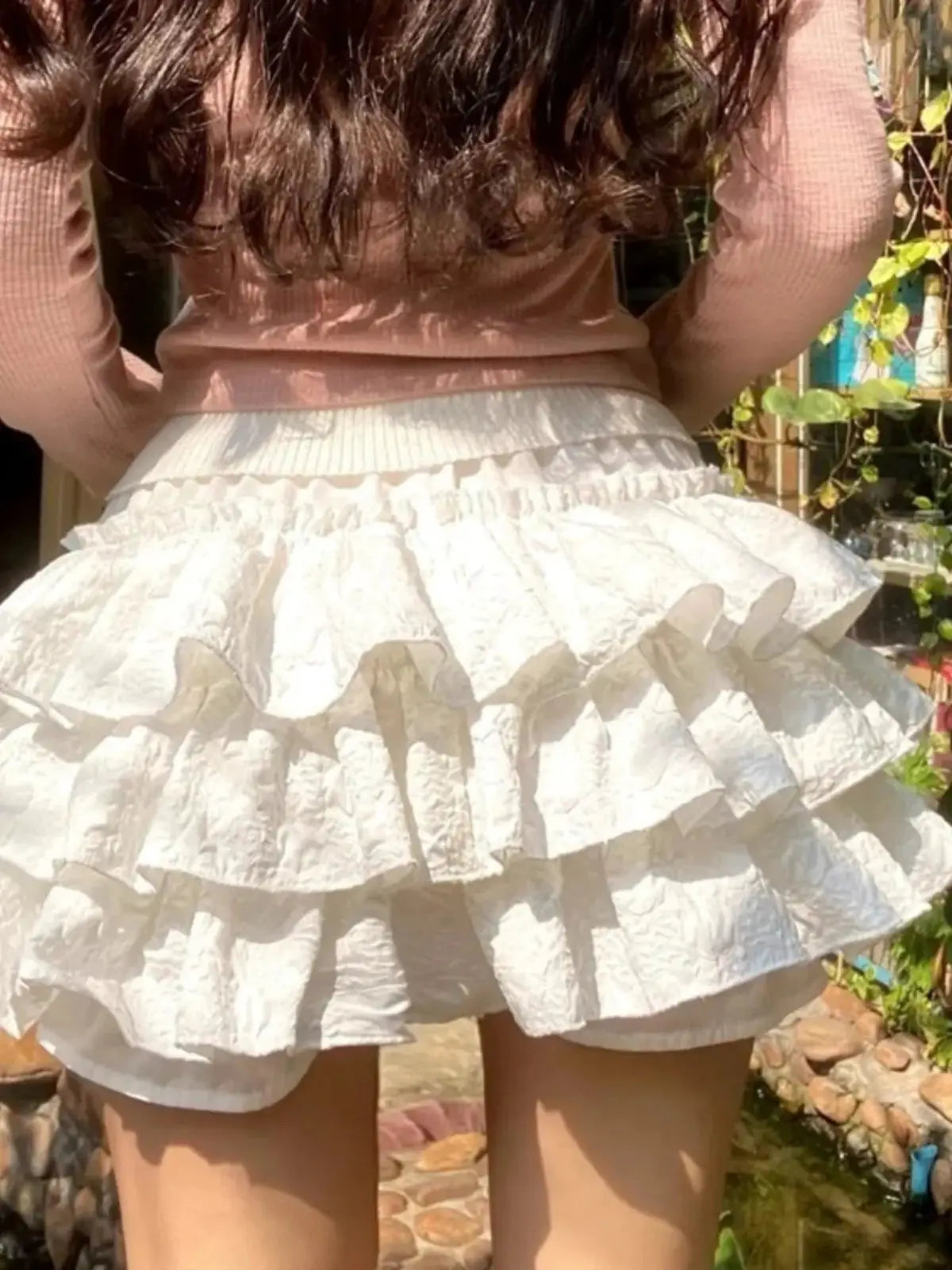 Simples Market Kawaii white layered ruffle mini skirt with elastic high waist