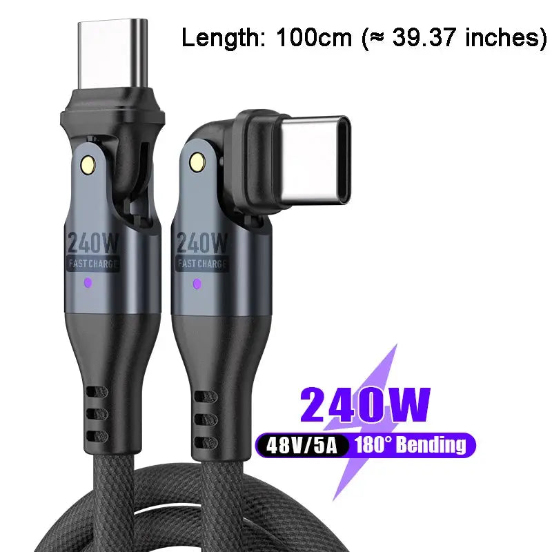 Type C to Type C 240W USB Cable 5A Fast Charging 180 Degree Elbow Design for Huawei MacBook Samsung Oppo