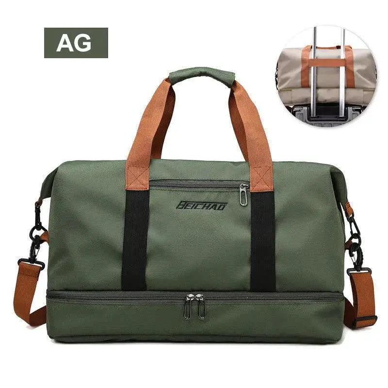 Travel gym bag BEICHAD olive green with orange handles, detachable shoulder strap, and front zipper pocket.