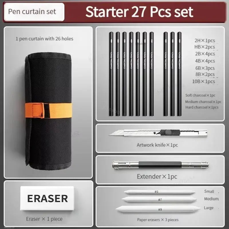 Simples Market Starter 27-Pcs Sketching Pen Set in black roll-up case with pencils, charcoal, knife, extender and eraser