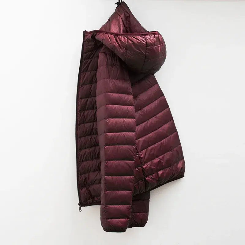 Men's burgundy hooded down jacket, ultralight quilted puffer coat