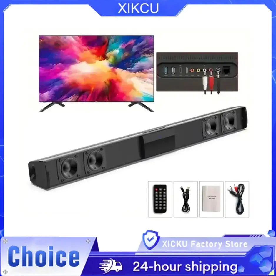 XIKCU soundbar with remote control; Bluetooth 5.3 stereo home cinema bar with RCA and AUX inputs