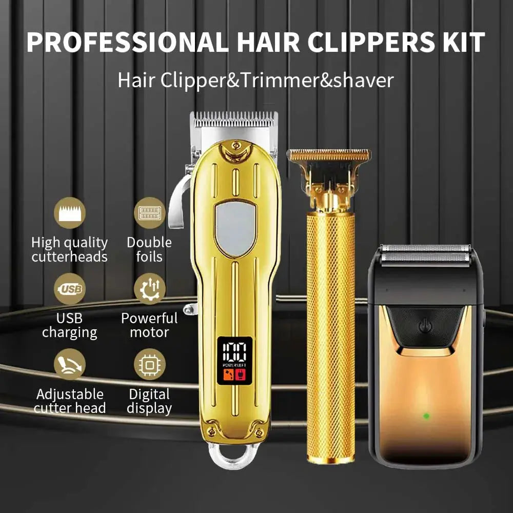 Professional hair clipper and trimmer kit, 3-piece by Simples Market; gold cordless clippers and beard trimmer with USB charging
