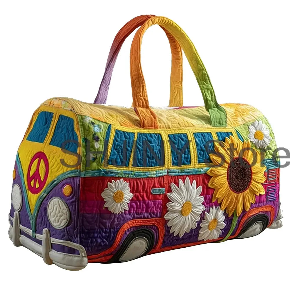 Simples Market quilted duffle bag in rainbow bus design with daisies and sunflowers, multicolor handles