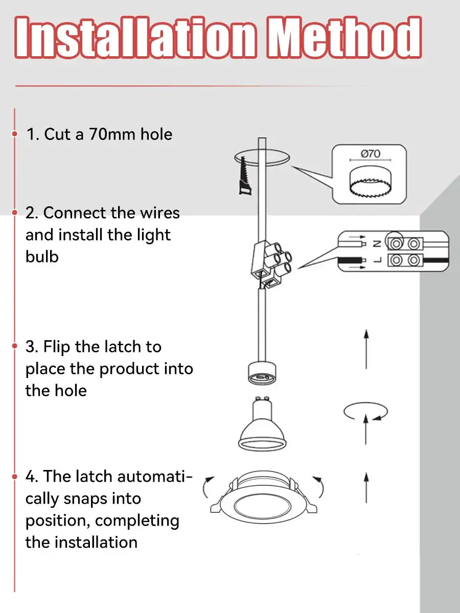 Simples Market replaceable-bulb GU10 kitchen downlight LED ceiling lamp with installation steps infographic