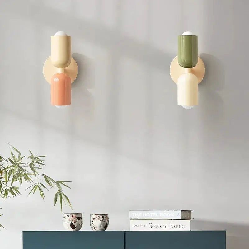 Nordic LED wall lamps, modern minimalist double-head fixtures in cream with peach and green shades, set of 2