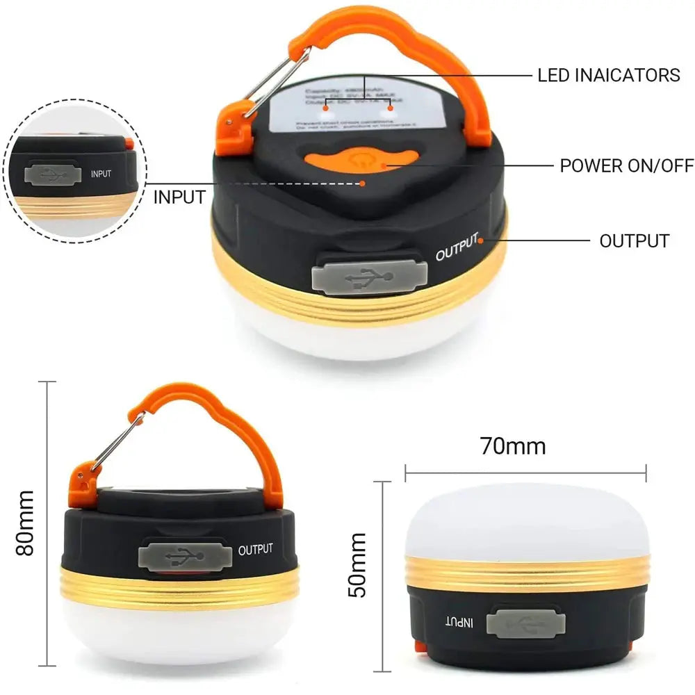 Simples Market 10W USB rechargeable camping lantern with orange handle, black body and gold band; portable hanging light