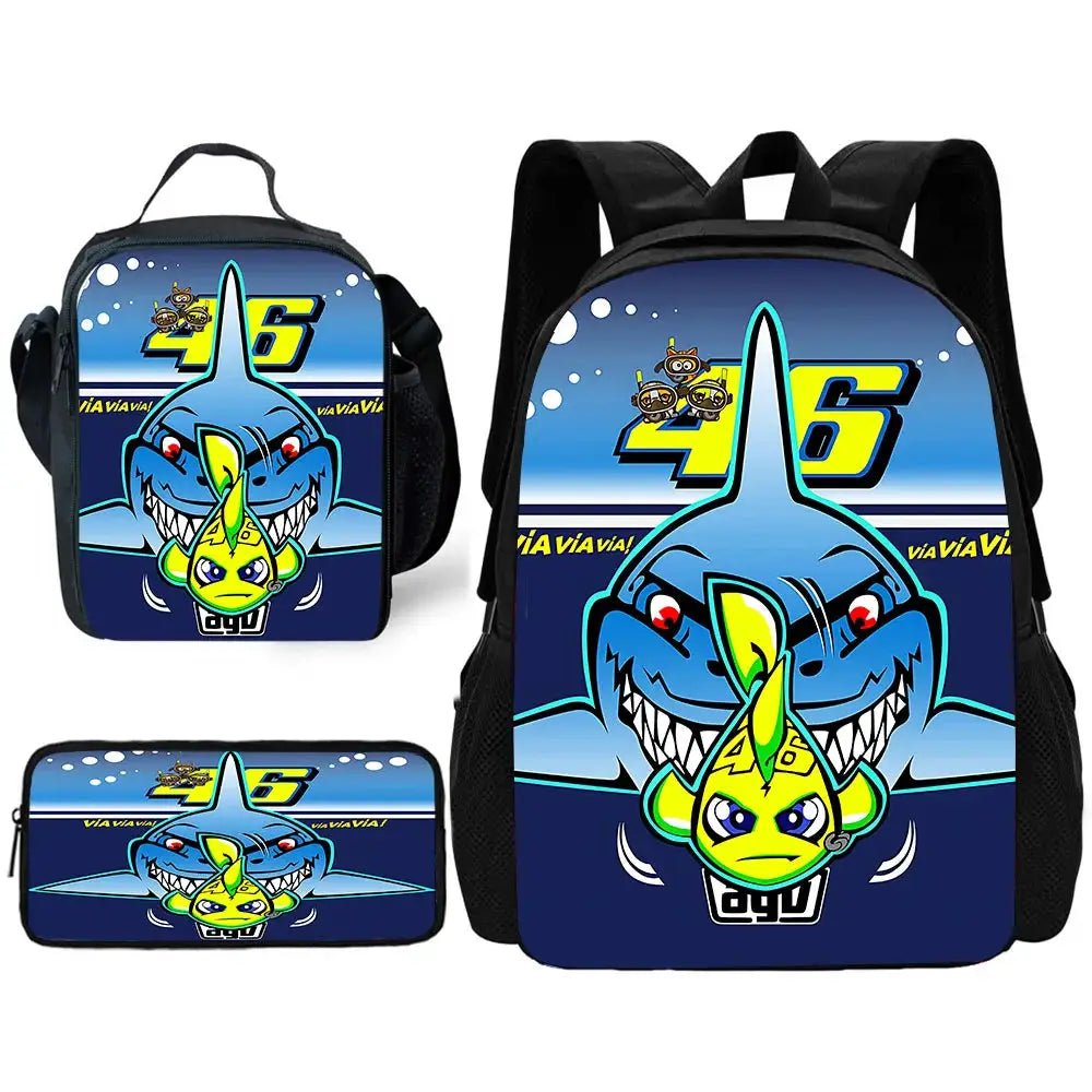 Three-piece VR46 backpack set with blue shark design, includes lunch bag and pencil case for kids.