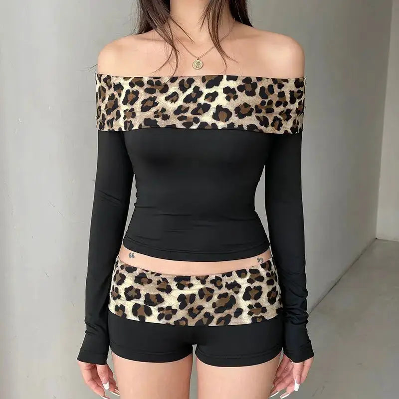 Leopard patchwork booty shorts set by Simples Market; black top with leopard band