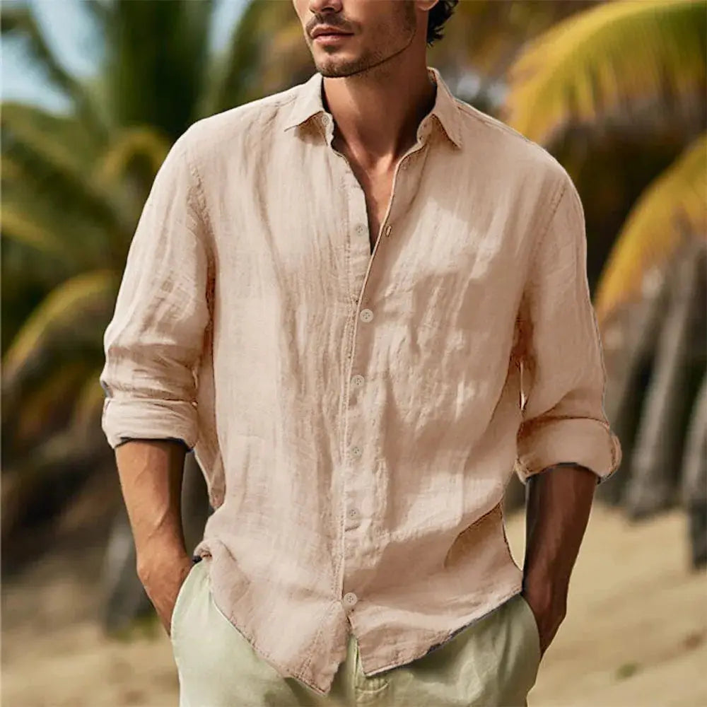 Men's beige cotton-linen shirt by Simples Market with turn-down collar, lightweight casual style