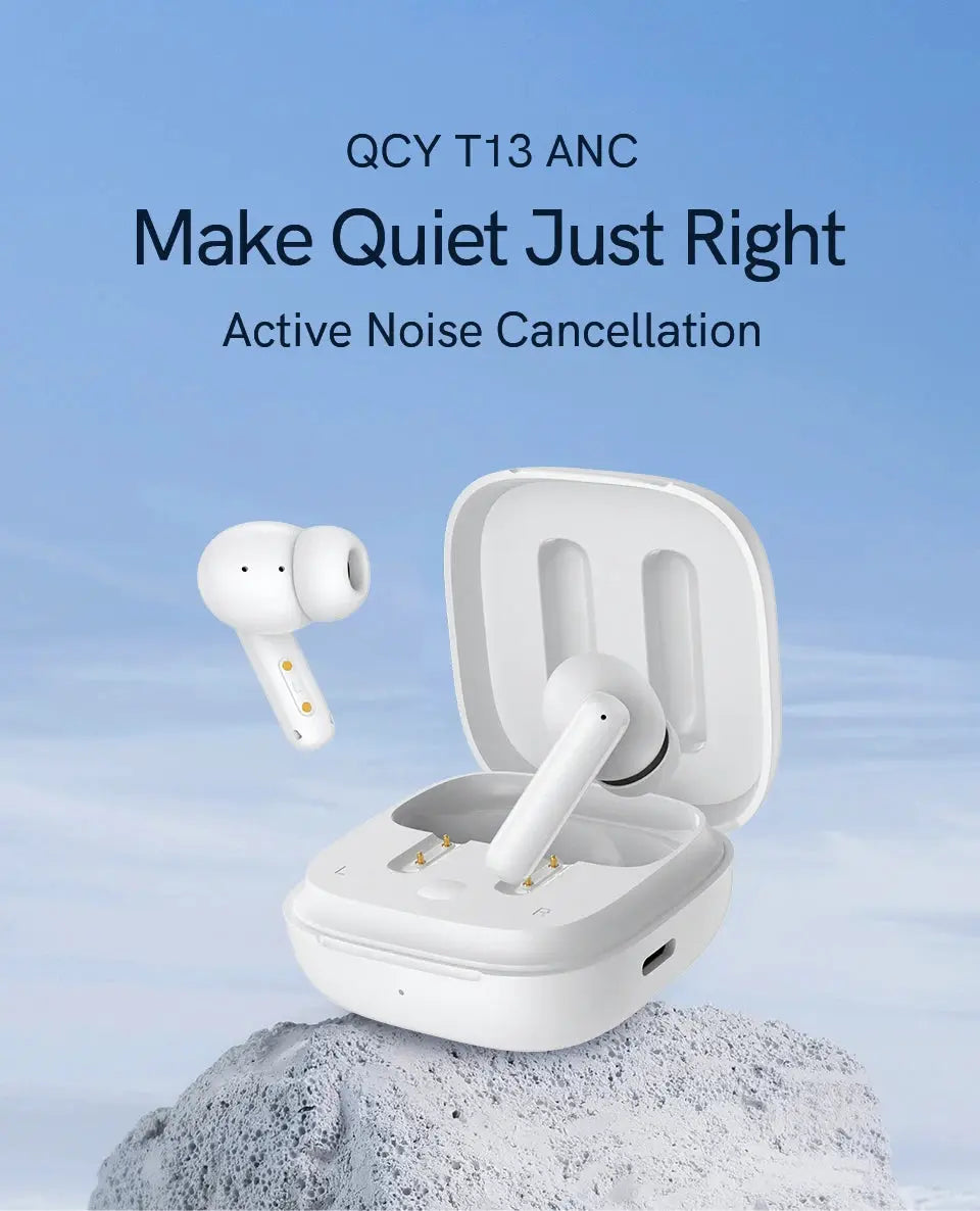 QCY T13 ANC wireless earbuds with charging case; white in-ear headset