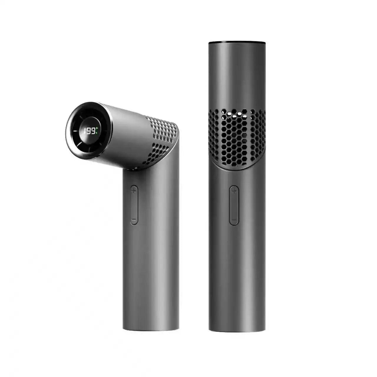 Lipstick-style portable handheld fan in metallic gray; two units shown.