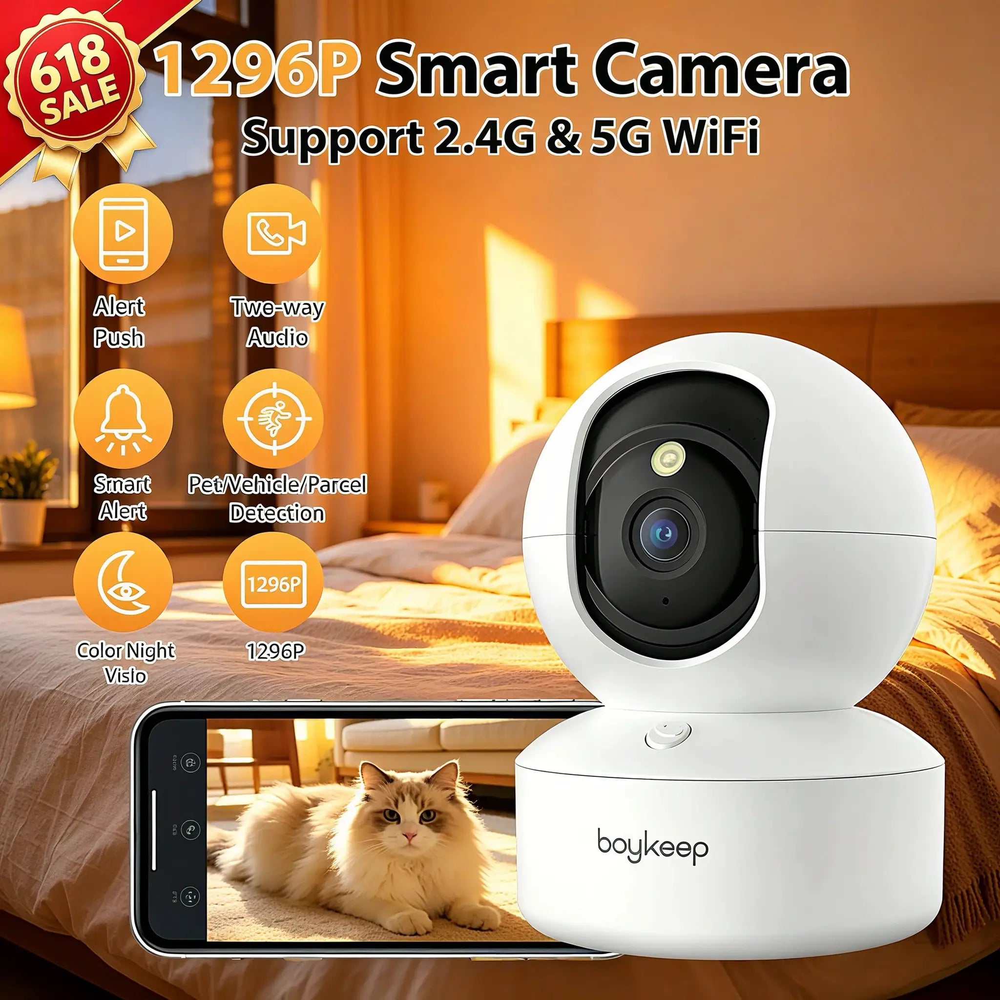 BoyKeep smart camera, white indoor 1296P security cam with night vision, 360° pan & tilt, 2-way audio