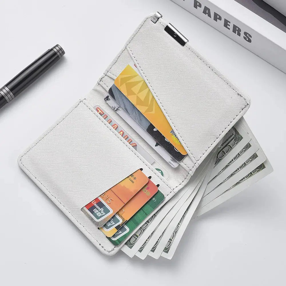 White faux-leather small slim wallet with multiple card slots and a cash pocket