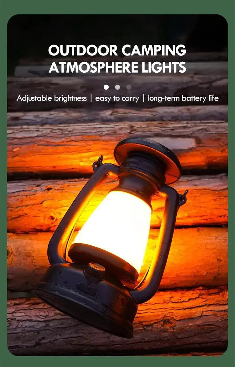 Retro lantern LED desk lamp by Simples Market; warm orange camping glow, metal frame for home decor